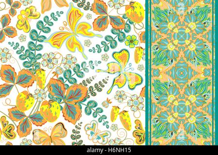 Set di seamless disegnare a mano motivo floreale con fragola e butterfly confine (banda di nastro striscia di nastro ) Illustrazione Vettoriale