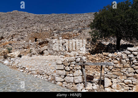 Il villaggio abbandonato o Chorio, Chalki isola vicino a RODI, DODECANNESO isole, Grecia. Foto Stock