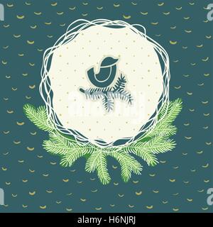 Natale e Anno Nuovo telaio rotondo con un piccolo uccello seduto sul ramo di albero simbolo. Doodle illustrazione della scheda Messaggi di saluto. Illustrazione Vettoriale