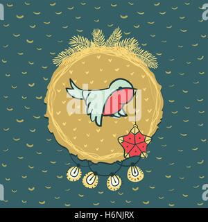Natale e Anno Nuovo telaio rotondo con un piccolo uccello azienda decorazione ad albero nel becco simbolo. Doodle illustrazione della scheda Messaggi di saluto. Illustrazione Vettoriale