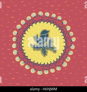 Natale e Anno Nuovo telaio rotondo con un piccolo uccello seduto sul ramo di albero simbolo. Doodle illustrazione della scheda Messaggi di saluto. Illustrazione Vettoriale