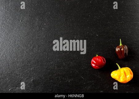 Composizione del coloratissimo peperoncino su una piastra di ardesia Foto Stock