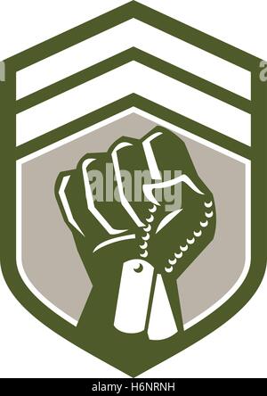 Illustrazione di un pugno chiuso che impugnano holding dogtag visto dalla serie anteriore all'interno della protezione crest fatto in stile retrò. Illustrazione Vettoriale