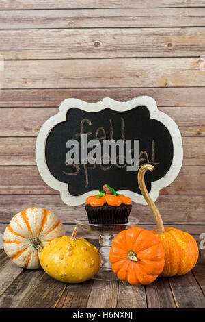 Muffin di zucca con coloquintidi ornamentali e segno della lavagna Foto Stock