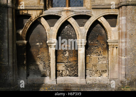 Galleria cieca sulla parete esterna della navata meridionale della navata della C12th (1180) abbaziale benedettina a Malmesbury, Wiltshire. Foto Stock