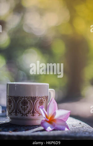 Sfondo sfocato, Vaso di fiori con tazze di caffè nella caffetteria, background e texture. offuscata e soft focus su vintage colo Foto Stock