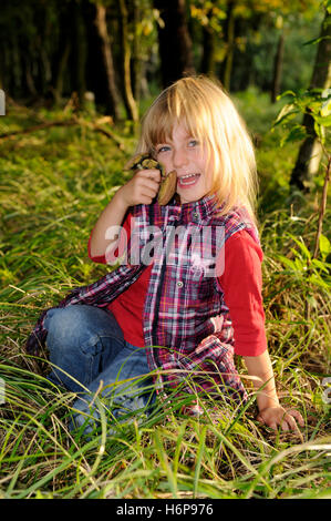 Bambina raccoglie funghi Foto Stock