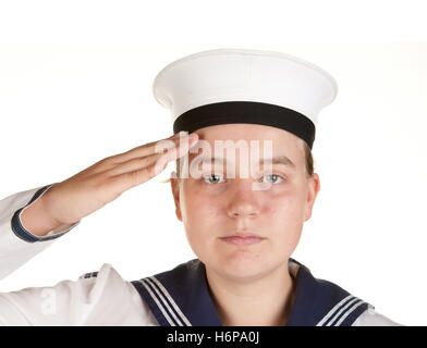 Donna femmina isolato teen navy persona uniforme di onore onore rispetto della difesa militare di difesa adolescente marinaio salutiamo marine Foto Stock