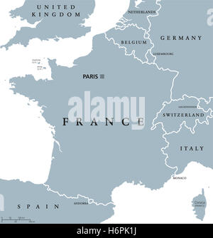 Francia mappa politico con capitale Parigi, Corsica, i confini nazionali e i paesi vicini. Illustrazione di grigio. Foto Stock