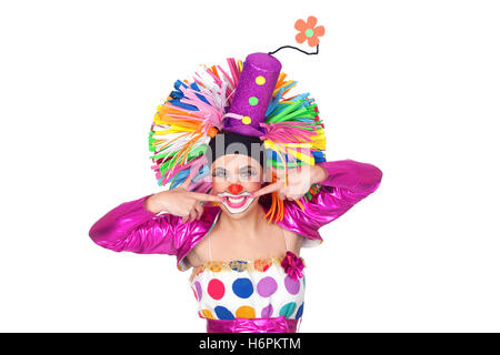 Funny Girl clown con un bel sorriso isolati su sfondo bianco Foto Stock