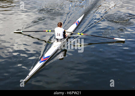 Single scull a un evento di canottaggio a Lea Rowing Club, fiume Lea, Superiore Clapton, LONDRA, REGNO UNITO, Aprile 2012 Foto Stock