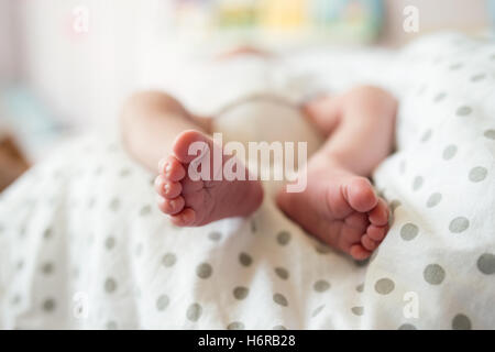 Close up, le gambe di un irriconoscibile neonato boy Foto Stock