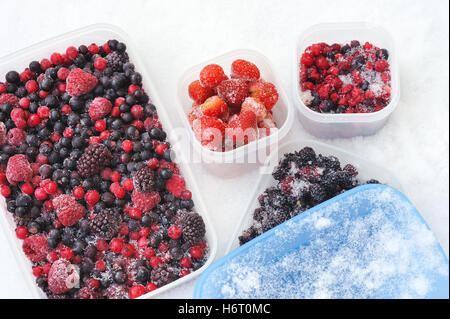 Cibo aliment progenie frutti congelati bacche di frutti di bosco misti in prossimità di congelamento ancora in vita il cibo blu aliment dettaglio oggetto della vita Foto Stock