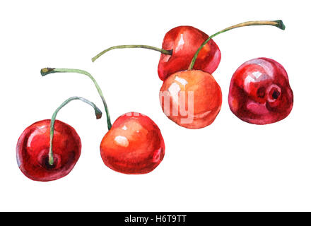 Le ciliegie. Disegnata a mano di pittura ad acquerello su sfondo bianco. Foto Stock