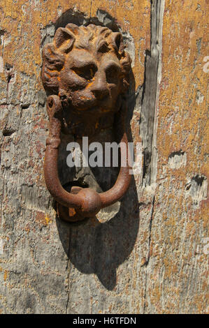 Leone, metallo, oggetto, bussare, bussare, testa, casa, vecchio, ornato, viaggio, vintage, weathered, style, shape, patina, arrugginito, ferramenta, antiquariato, ferramenta. Foto Stock