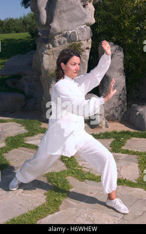 Donna, inizio 40s, facendo Tai Chi in un giardino cinese a Berlino Foto Stock