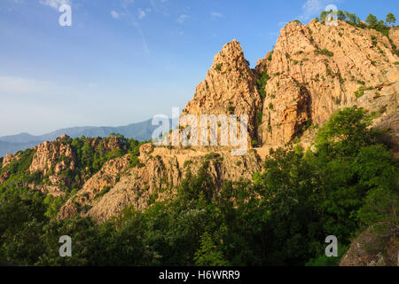 Le scogliere di Calanche de Piana al tramonto, in Corsica, Francia Foto Stock