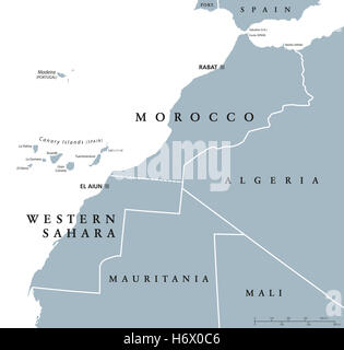 Il Marocco e il Sahara Occidentale mappa politico con capitelli Rabat e El Aiun e con i confini nazionali. Illustrazione di grigio. Foto Stock