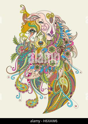 Fantastica colorazione per adulti pagina, combinazione di pecore e cane o lupo, decorativo elemento floreale Illustrazione Vettoriale