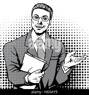 Retrò uomo sorridente con il file nella sua mano destra in stile fumetto discorso bolla, pop art, in bianco e nero Illustrazione Vettoriale