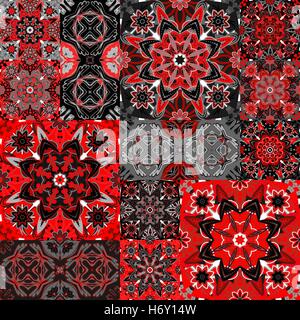 Seamless patchwork floreali pattern. Vettore sfondi a scacchi set. Abstract texture con piastrelle in stile orientale Illustrazione Vettoriale