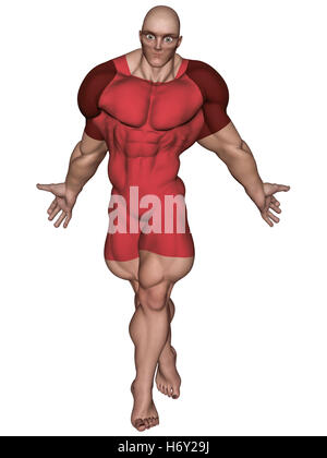 Un isolato bald super eroe in rosso collant, 3D'illustrazione. Foto Stock