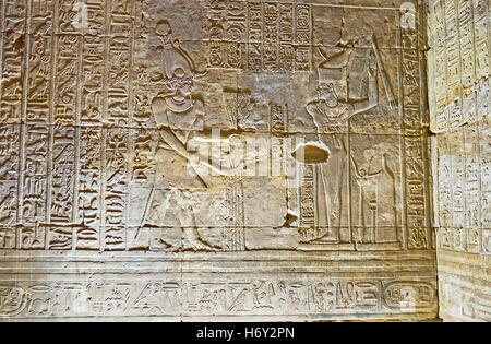 Le pareti del Tempio di Horus decorata con scene del dramma di Edfu, denominato trionfo di Horus, Egitto Foto Stock