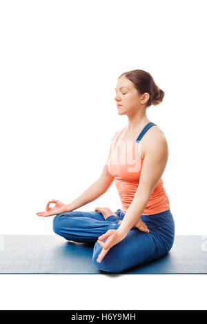 Donna meditando di Yoga asana Padmasana Lotus pongono Foto Stock