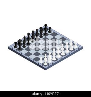 3D isometrica scacchiera di bianco e nero con figure. Illustrazione Vettoriale. Illustrazione Vettoriale