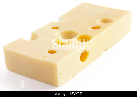 Blocco di tipo svizzero il formaggio su bianco Foto Stock