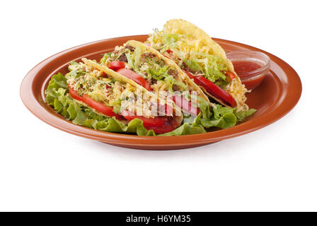 Carni bovine tacos con insalata e pomodori salsa Foto Stock