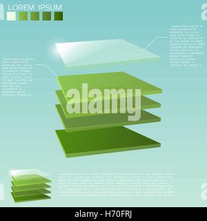 Cinque 3D strati quadrati nei colori verde trasparente con uno strato superiore. Illustrazione Vettoriale