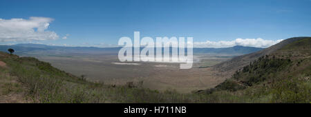 Il cratere di Ngorongoro e il Lago Magadi, Vista panoramica dal discendere Seneto road, Regione di Arusha, Tanzania Foto Stock