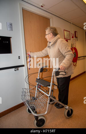 Vecchia donna con assist per camminare a casa Foto Stock