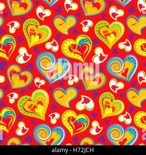 Disegnata a mano doodle seamless pattern di cuori. Colofrul cuori su sfondo colorato. Illustrazione Vettoriale Illustrazione Vettoriale