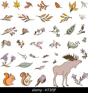 Raccolta di schizzo illustrazioni di foglie di autunno, fiori e animali Illustrazione Vettoriale