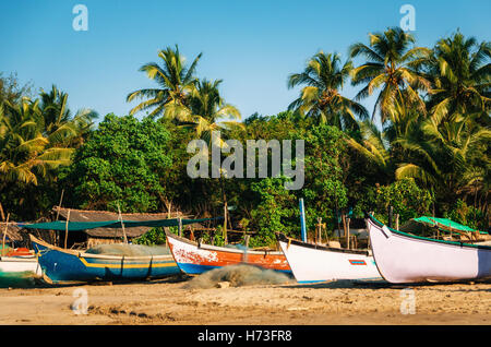 In legno barche da pesca sulla spiaggia Morjim with palme, Goa nord India Foto Stock