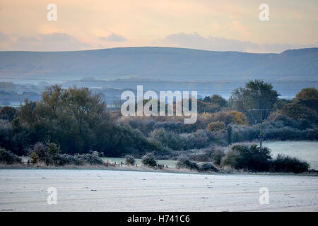 East Sussex. Regno Unito. 3 Novembre 2016: primo gelo invernale di rural East Sussex vicino al villaggio di mature. Credito: Peter Cripps/Alamy Live News Foto Stock