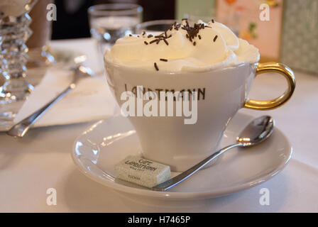 Gustando una tazza di cioccolato doppia al Cafe Landtmann di Vienna in Austria. Foto Stock