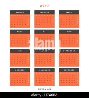 Calendario 2017 in tedesco moderno e semplice. Modello con un calendario per il 2017 per la progettazione. Inizia settimana da Lunedì Illustrazione Vettoriale
