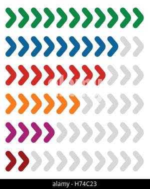 Avanzamento orizzontale, indicatori di livello in sequenza - indicatori di progresso isolato su bianco Illustrazione Vettoriale