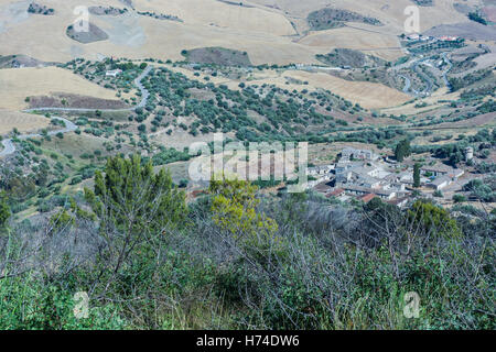 Paesaggi della Sicilia centrale in estate. Con la tipica siciliana di colline e ulivi, con una strada che si snoda attraverso la moun Foto Stock