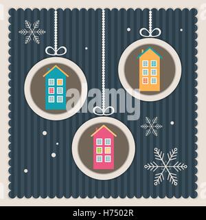 Real Estate Scheda di Natale con case colorate e i fiocchi di neve Illustrazione Vettoriale