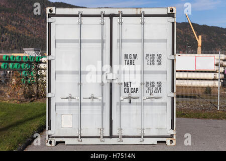 Chiuso bianco standard contenitore di carico si erge nella zona portuale, porta il viso, closeup foto con messa a fuoco selettiva Foto Stock