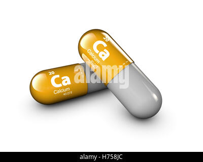 Illustrazione del minerale di calcio. Caduta di lucida pillole e capsule di vitamina complesso. Vita sana medical integratore dietetico. Foto Stock