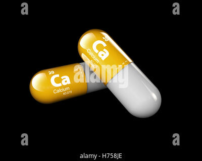Illustrazione del minerale di calcio. Caduta di lucida pillole e capsule di vitamina complesso. Vita sana medical integratore dietetico. Foto Stock