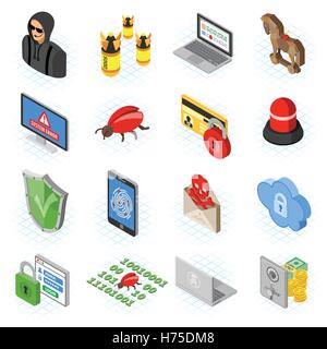 Sicurezza Internet flat isometrica Icon Set per volantini, poster, Sito Web come hacker, virus, spam e sicuro. Illustrazione Vettoriale