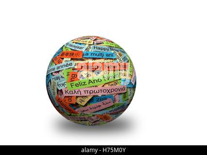 Felice anno nuovo Word Cloud stampato su carta colorata diverse lingue su 3d sfera Foto Stock