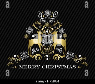 Merry Christmas card illustrazione, oro ornamento di renne arte con vacanze invernali gli elementi di decorazione. EPS10 vettore. Illustrazione Vettoriale