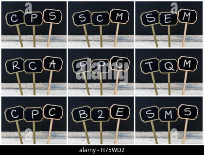 Photo Collage di business degli acronimi scritto con un gessetto su legno mini etichette di Blackboard Foto Stock